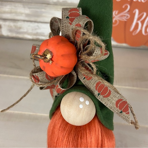 Gnome Fall Autumn Pumpkin Ribbon Green Brown Flannel Shelf Sitter Home Decor - Picture 10 of 10